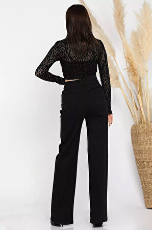 Yüksel Bel Taş Detaylı Palazzo Kot Pantolon