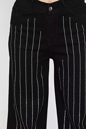 Yüksel Bel Taş Detaylı Palazzo Kot Pantolon