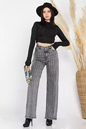 Yüksel Bel Taş Detaylı Palazzo Slim Fit Kot Pantolon