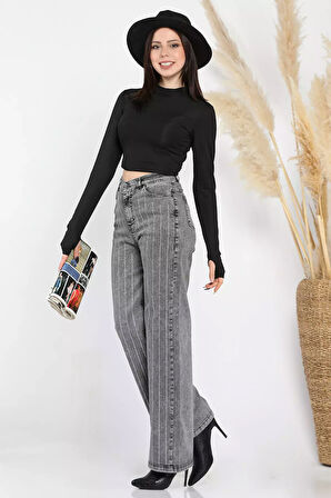 Yüksel Bel Taş Detaylı Palazzo Slim Fit Kot Pantolon