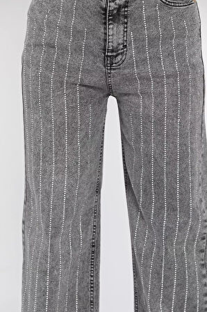 Yüksel Bel Taş Detaylı Palazzo Slim Fit Kot Pantolon