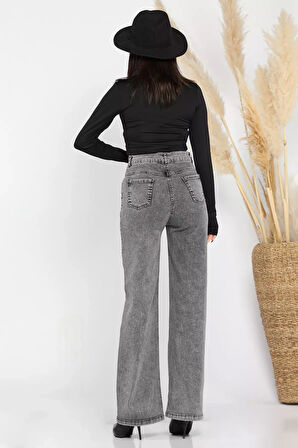 Yüksel Bel Taş Detaylı Palazzo Slim Fit Kot Pantolon