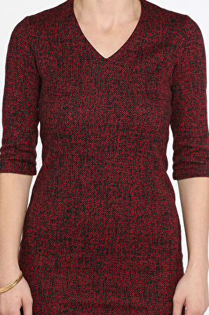 Kendinden Desenli V Yaka Elbise