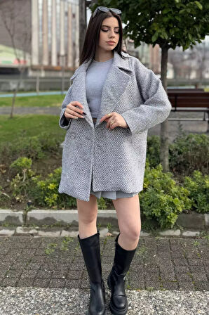 Kadın Astarlı Balıksırtı Desen Oversize Kaşe Kaban
