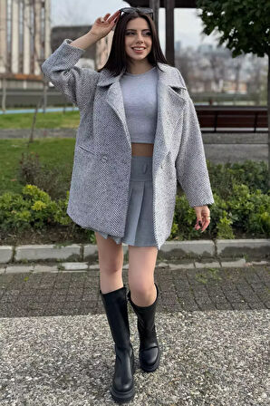 Kadın Astarlı Balıksırtı Desen Oversize Kaşe Kaban