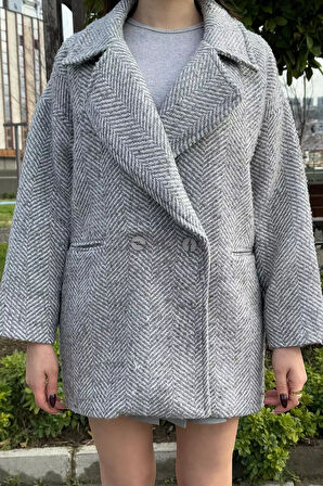 Kadın Astarlı Balıksırtı Desen Oversize Kaşe Kaban