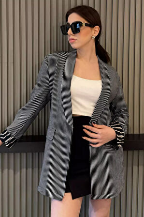 Kadın Çizgili Kol Detaylı Blazer Ceket
