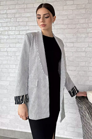 Kadın Çizgili Kol Detaylı Blazer Ceket