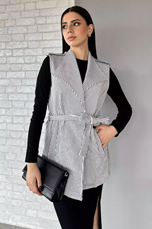 Kadın Çizgili Omuz Apoletli Bel Kuşaklı Yelek
