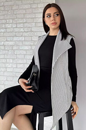 Kadın Çizgili Omuz Apoletli Bel Kuşaklı Yelek