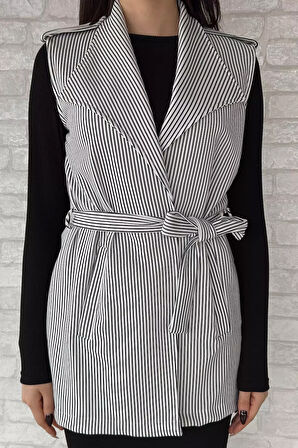 Kadın Çizgili Omuz Apoletli Bel Kuşaklı Yelek