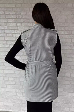 Kadın Çizgili Omuz Apoletli Bel Kuşaklı Yelek