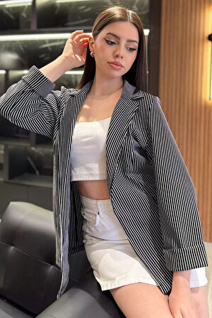Kadın Çizgili Duble Kol Blazer Ceket