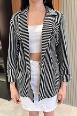 Kadın Çizgili Duble Kol Blazer Ceket