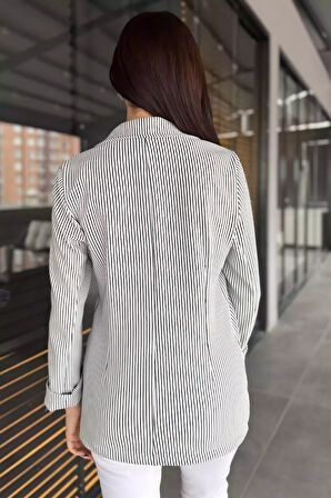 Kadın Çizgili Duble Kol Blazer Ceket