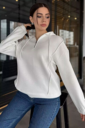Yarım Fermuarlı Üç İplik Şardonlu Kadın Sweatshirt