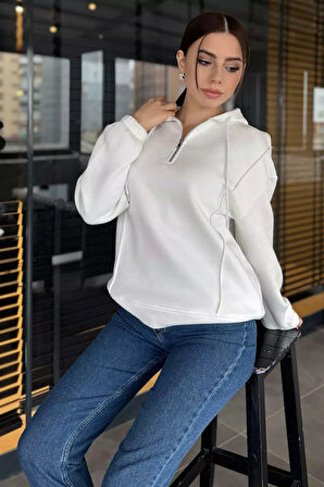 Yarım Fermuarlı Üç İplik Şardonlu Kadın Sweatshirt
