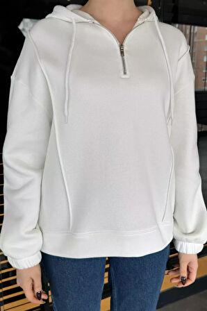 Yarım Fermuarlı Üç İplik Şardonlu Kadın Sweatshirt