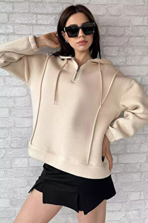 Yarım Fermuarlı Üç İplik Şardonlu Kadın Sweatshirt