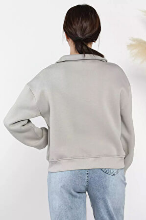 Dik Yaka Yarım Fermuarlı Şardonlu Kadın Sweatshirt