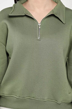 Dik Yaka Yarım Fermuarlı Şardonlu Kadın Sweatshirt