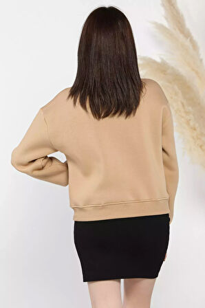 Dik Yaka Yarım Fermuarlı Şardonlu Kadın Sweatshirt