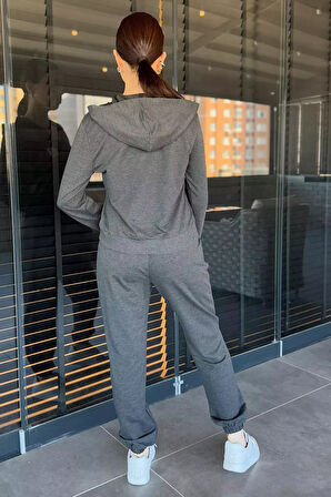 Kadın Kapüşonlu Fermuarlı Sweat Pantolon Eşofman Takımı