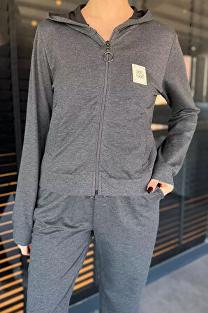 Kadın Kapüşonlu Fermuarlı Sweat Pantolon Eşofman Takımı