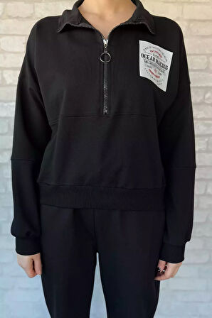Kadın Dik Yaka Yarım Fermuarlı Sweat Pantolon Eşofman Takımı