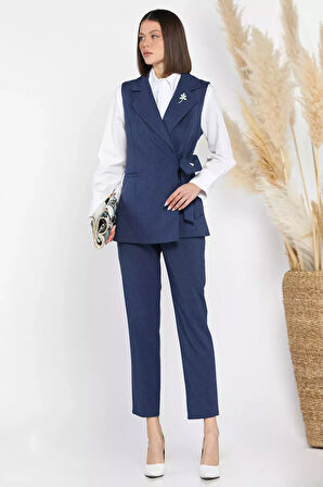 Kadın Broş Detaylı Bel Lastikli Yelek Pantolon İkili Takım