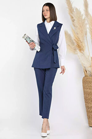 Kadın Broş Detaylı Bel Lastikli Yelek Pantolon İkili Takım