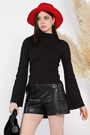 Dik Yaka Fitilli Kadın Crop Top Bluz