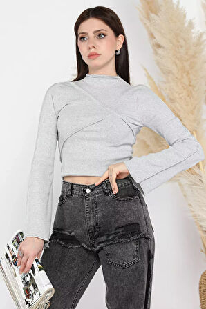 Dik Yaka Fitilli Kadın Crop Top Bluz