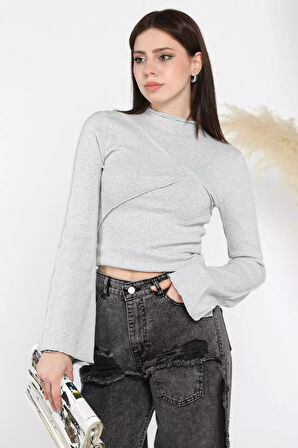 Dik Yaka Fitilli Kadın Crop Top Bluz