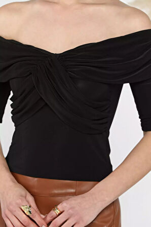 Madonna Yaka Drapeli Kadın Crop Bluz