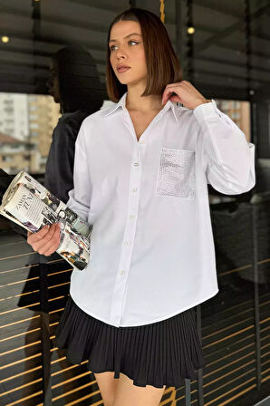 Taş İşlemeli Oversize Kadın Gömlek