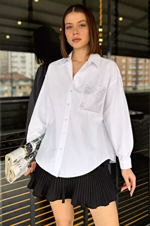 Taş İşlemeli Oversize Kadın Gömlek