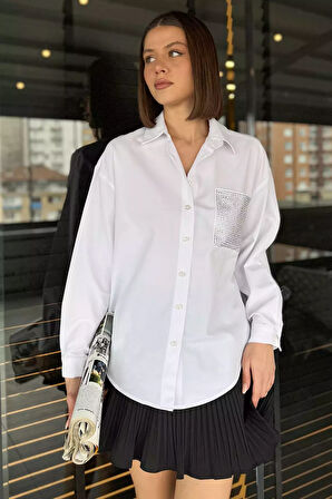Taş İşlemeli Oversize Kadın Gömlek