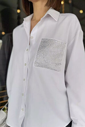 Taş İşlemeli Oversize Kadın Gömlek