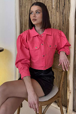 Kadın Çift Cepli Çıtçıtlı Crop Top Suni Deri Ceket