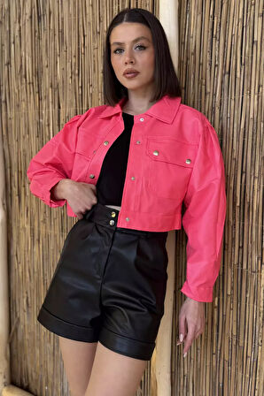Kadın Çift Cepli Çıtçıtlı Crop Top Suni Deri Ceket