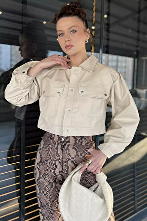 Kadın Çift Cepli Çıtçıtlı Crop Top Suni Deri Ceket