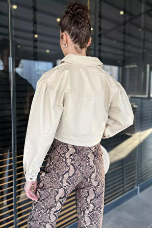 Kadın Çift Cepli Çıtçıtlı Crop Top Suni Deri Ceket