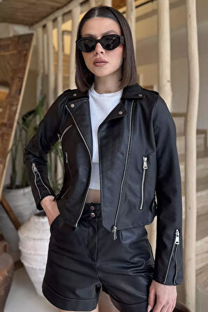 Kadın Fermuarlı Crop Top Suni Deri Ceket