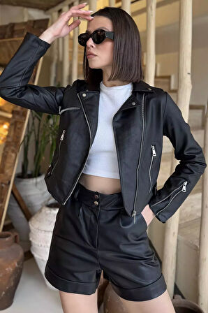 Kadın Fermuarlı Crop Top Suni Deri Ceket
