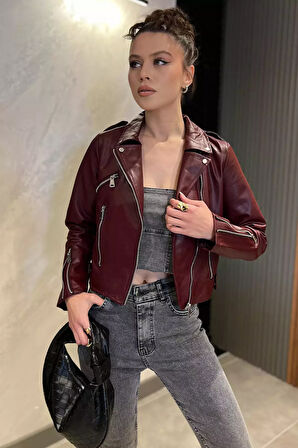 Kadın Fermuarlı Crop Top Suni Deri Ceket