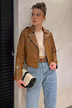 Kadın Fermuarlı Crop Top Suni Deri Ceket