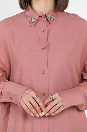 Kadın Yaka Taş İşlemeli Kendinden Desenli Gömlek