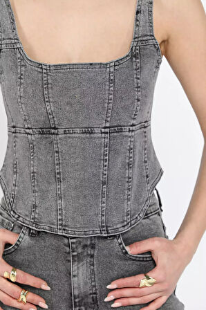 Kadın Fermuarlı Jean Kot Büstiyer