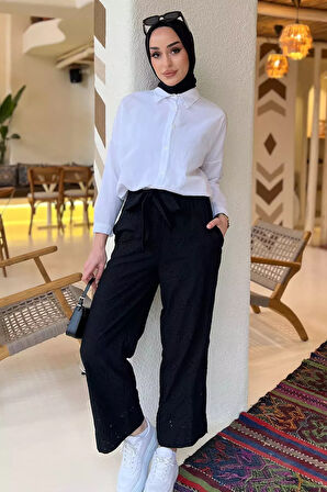 Kadın Yüksek Bel Fistolu Bel Lastikli Kuşaklı Pantolon